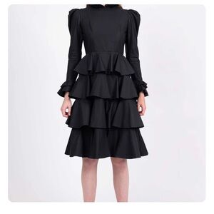 Batsheva Black Ruffled Long Sleeve Confection Dress